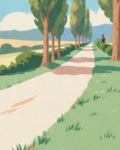 Le chemin clair bordé de grands arbres et de haies dans la campagne