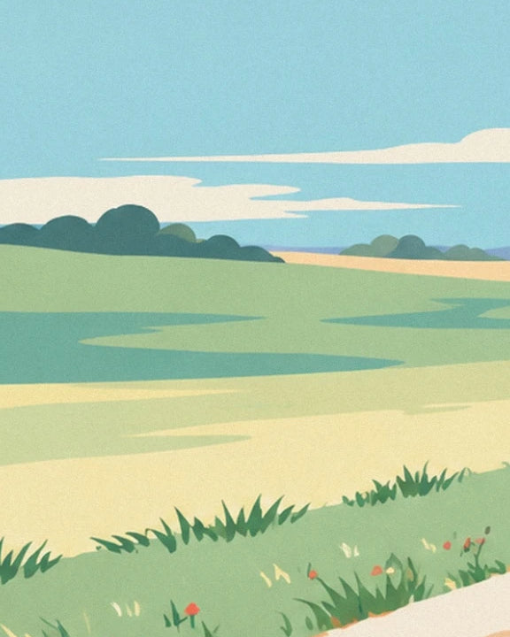 Les champs verts et dorés sous un ciel bleu, bordés d'herbes et de fleurs
