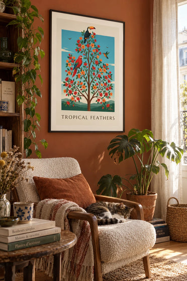 Poster ornithologische Tafel mit Tukan, Papagei und Kolibri: gerahmt an der Wand