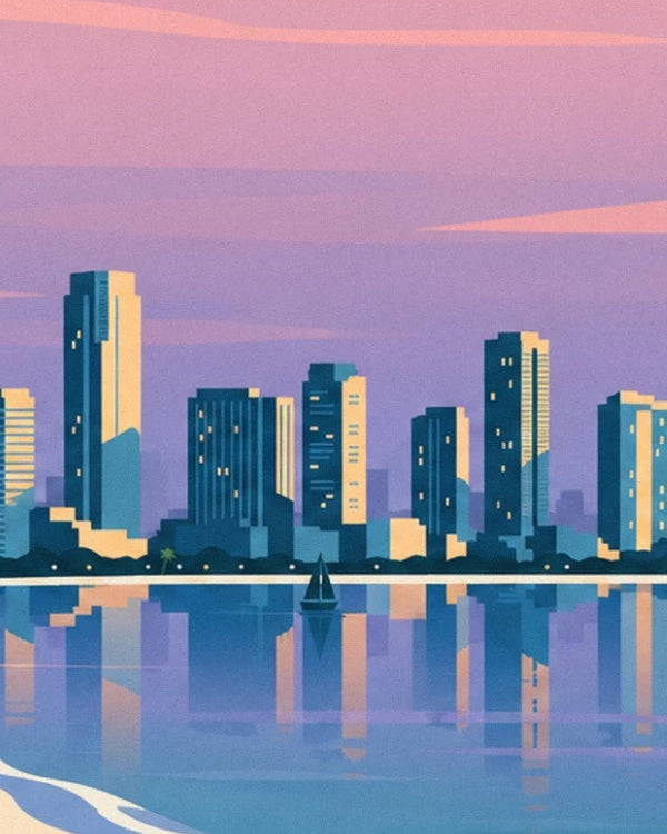 Les gratte-ciel de Miami aux façades bleues et dorées, reflétés dans l'eau mauve