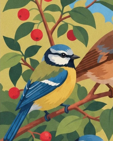Une mésange bleue au ventre jaune, sur une branche entourée de feuilles et de baies rouges