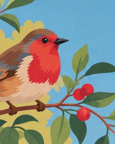 Un rouge-gorge au poitrail rouge orangé, perché près de baies rouges sur fond bleu