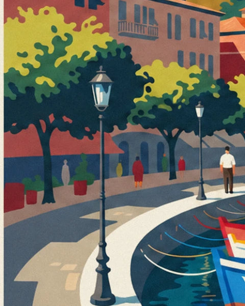 Walker in a white shirt on the quay lined with street lamps and trees