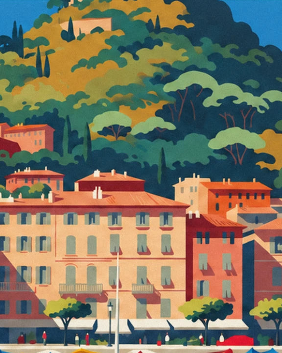 Ochre and red façades at the foot of the hill covered in pines and cypress trees