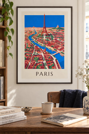 Poster illustrierter Stadtplan von Paris, Seine und Sehenswürdigkeiten: gerahmt an der Wand