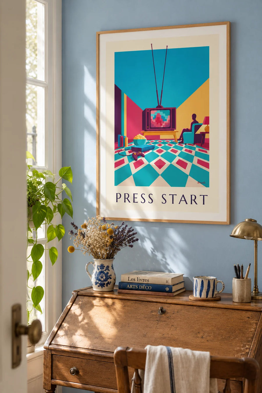 Affiche console de jeux vidéo et amis manettes en main : encadrée au mur