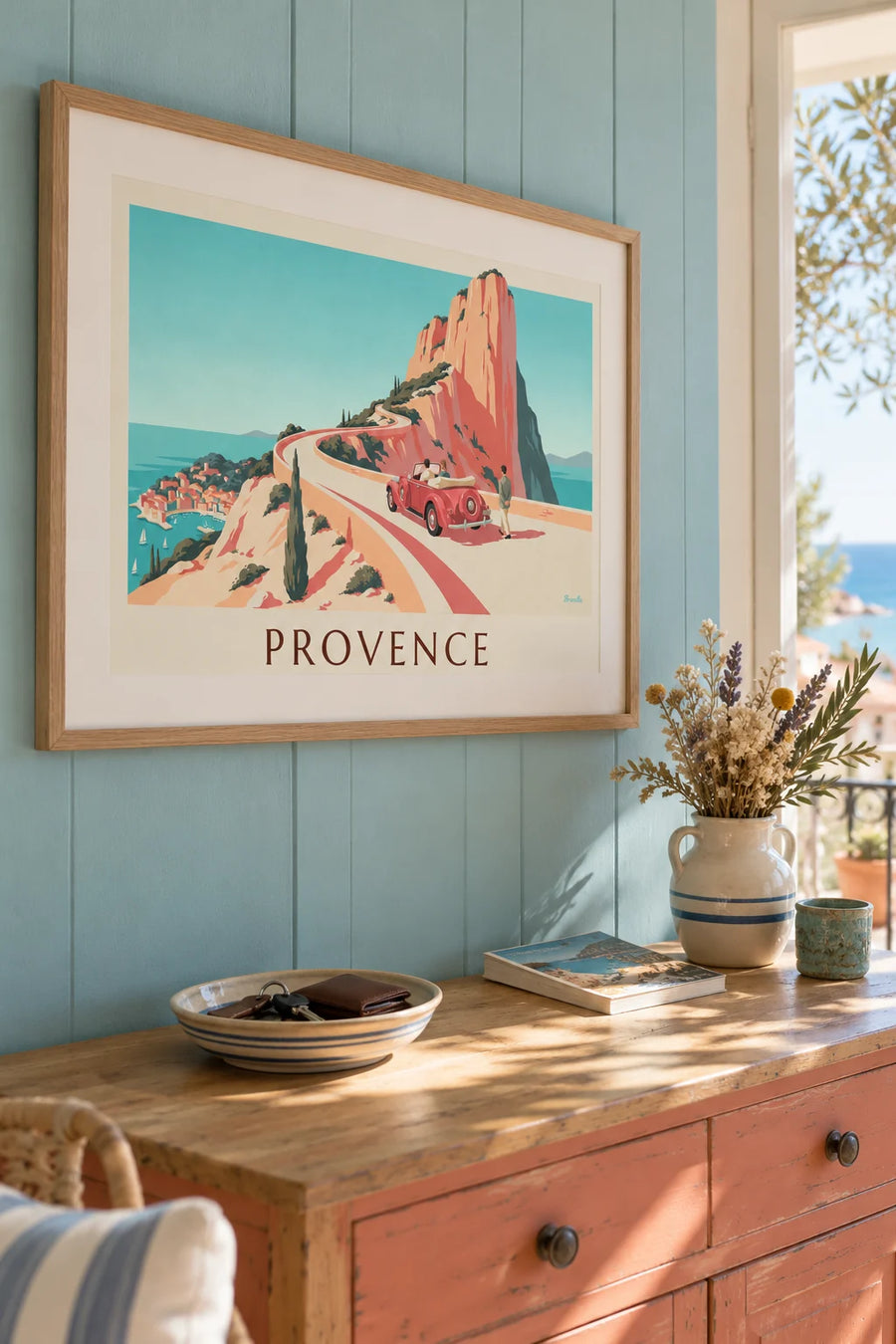 Affiche cabriolet sur la route des Crêtes au-dessus de Cassis : encadrée au mur