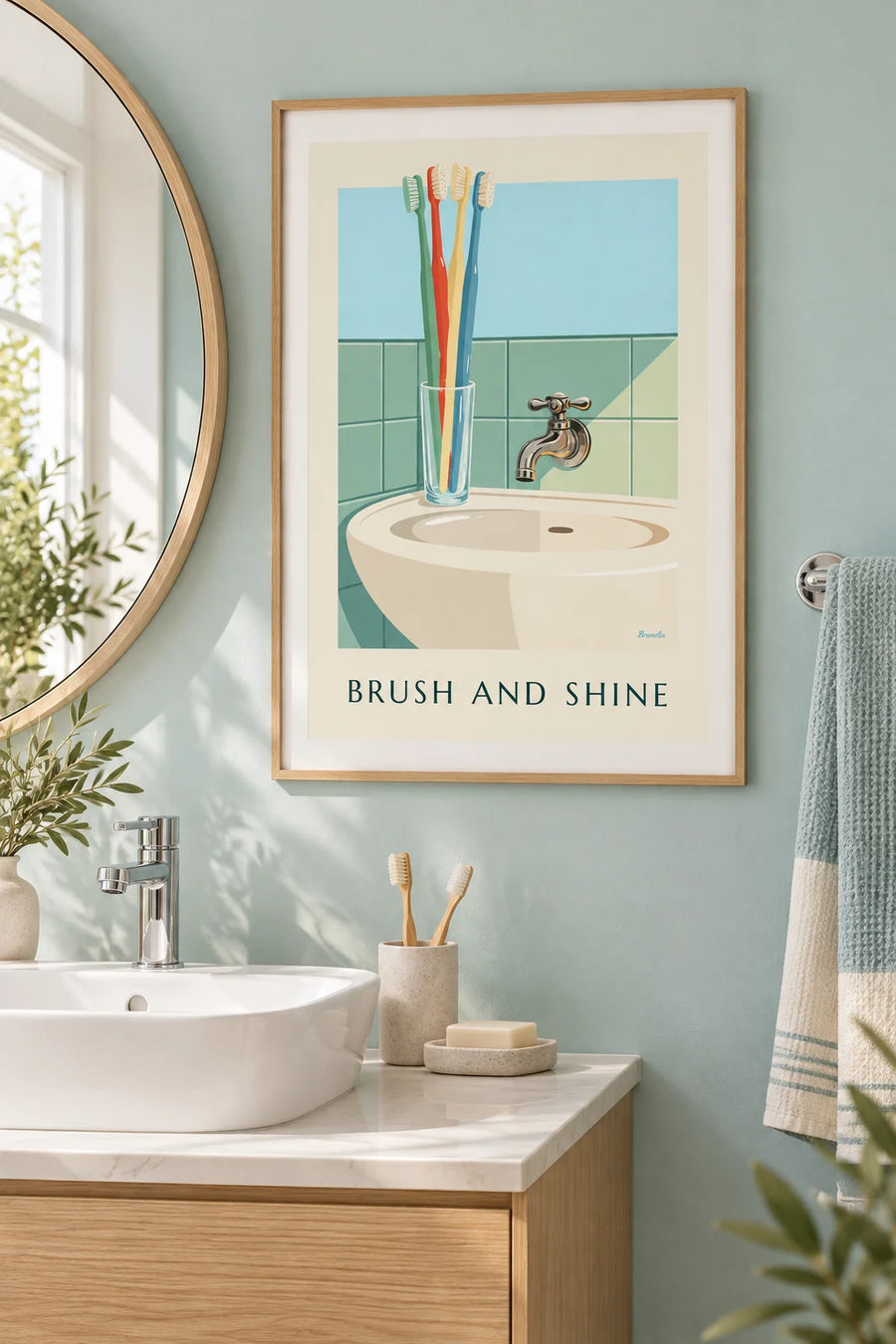Affiche brosses à dents dans leur gobelet près du lavabo : encadrée au mur