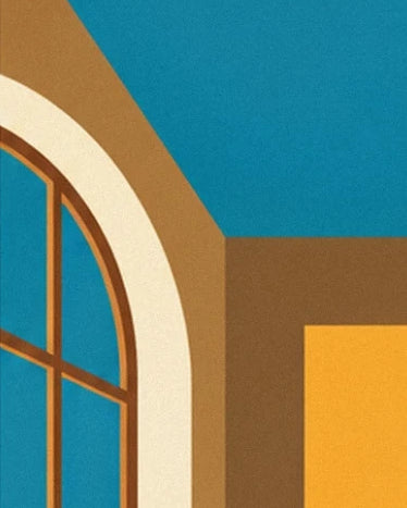 An arched window with brown frames and a cream surround beneath a blue ceiling