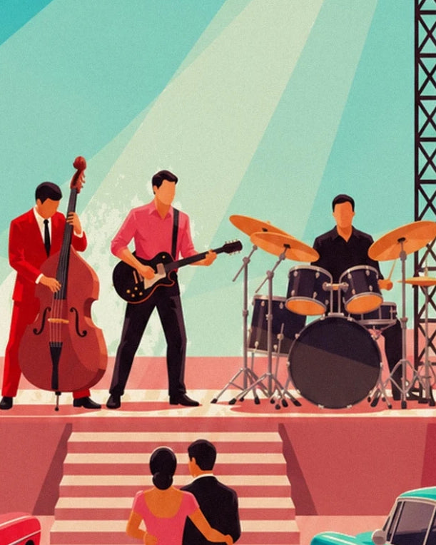 The trio on stage with a red double bass, black guitar and drums beneath the spotlights