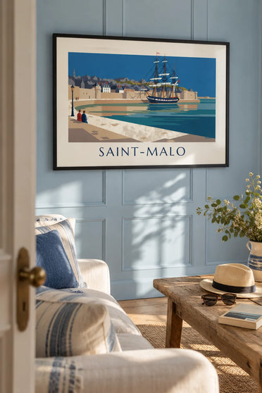 Poster veliero a tre alberi ormeggiato ai piedi delle mura di Saint-Malo: quadro incorniciato alla parete