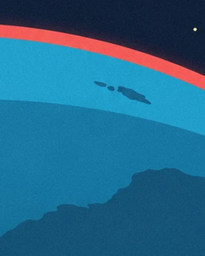 Dark islands and a rugged coastline on the turquoise Earth beneath a red halo
