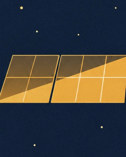 Golden solar panels criss-crossed with pale lines among the stars