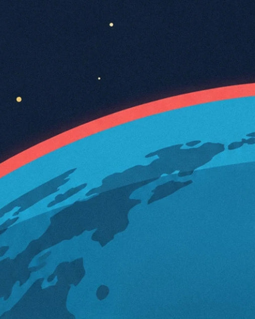 The blue curve of Earth edged in red with dark continents
