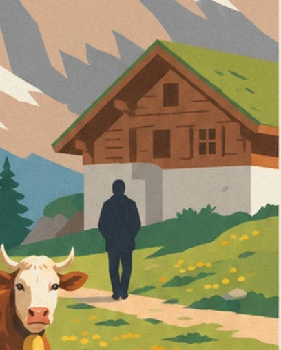 A figure on the path in front of a brown chalet with a green roof among alpine meadows