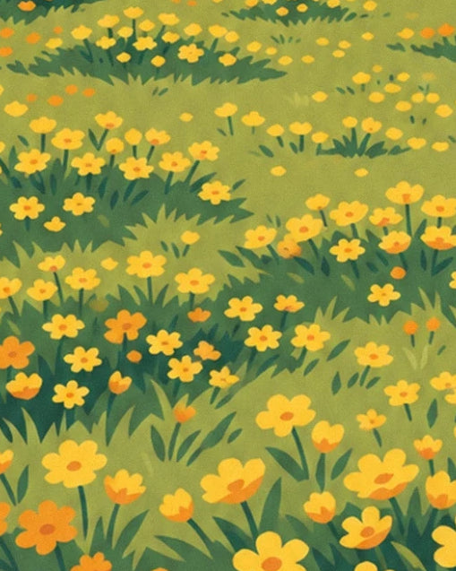 A carpet of yellow and orange flowers among tufts of green grass in the alpine meadow