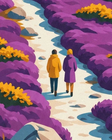 The 2 walkers in yellow and purple coats on the pale path through the heathland