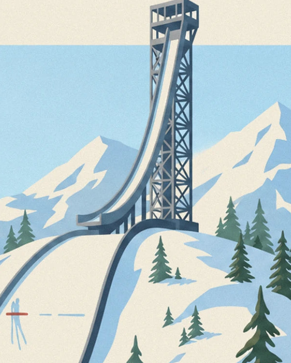 The ski jump and its tall grey tower among the snow-covered fir trees