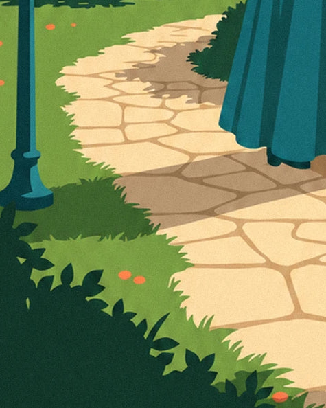 Le chemin de dalles beiges qui serpente dans l'herbe, avec un lampadaire et un bas de robe turquoise