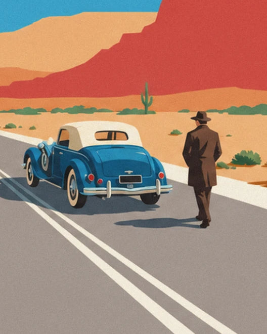 A blue car with a cream soft top on the road, and the man in a brown coat walking away