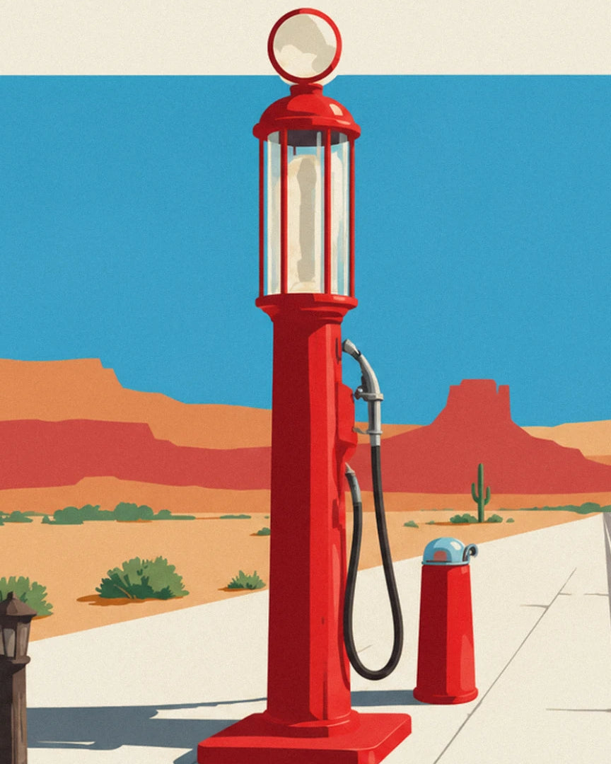 The red petrol pump with its white globe, facing the desert mesas