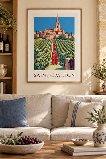 Poster vigne e villaggio di Saint-Émilion visti da una cantina : incorniciato alla parete