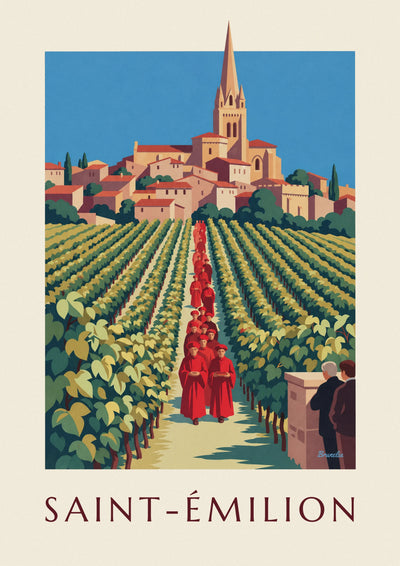 Poster dei vigneti e del villaggio di Saint-Émilion visti da una cantina: il poster intero