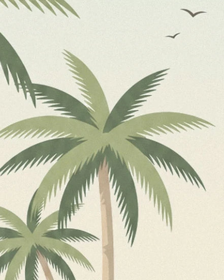The palm trees with long green leaves and 2 birds in the pale sky