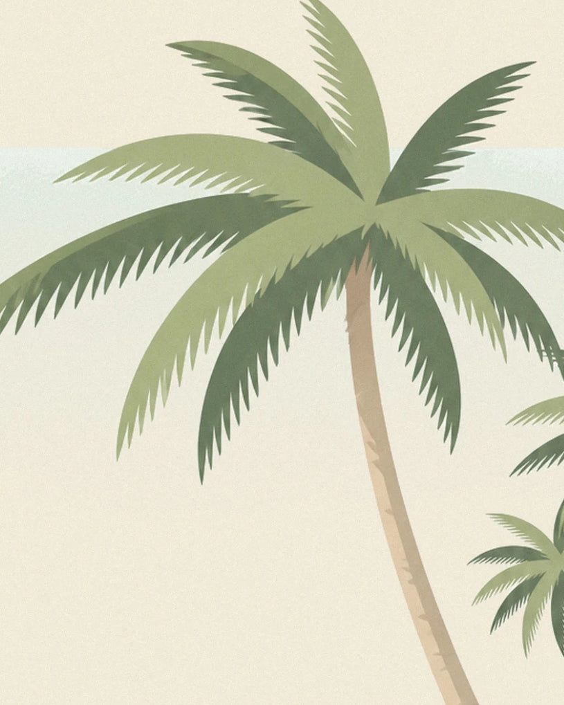 The long green fronds of a palm tree with a leaning trunk against a cream background