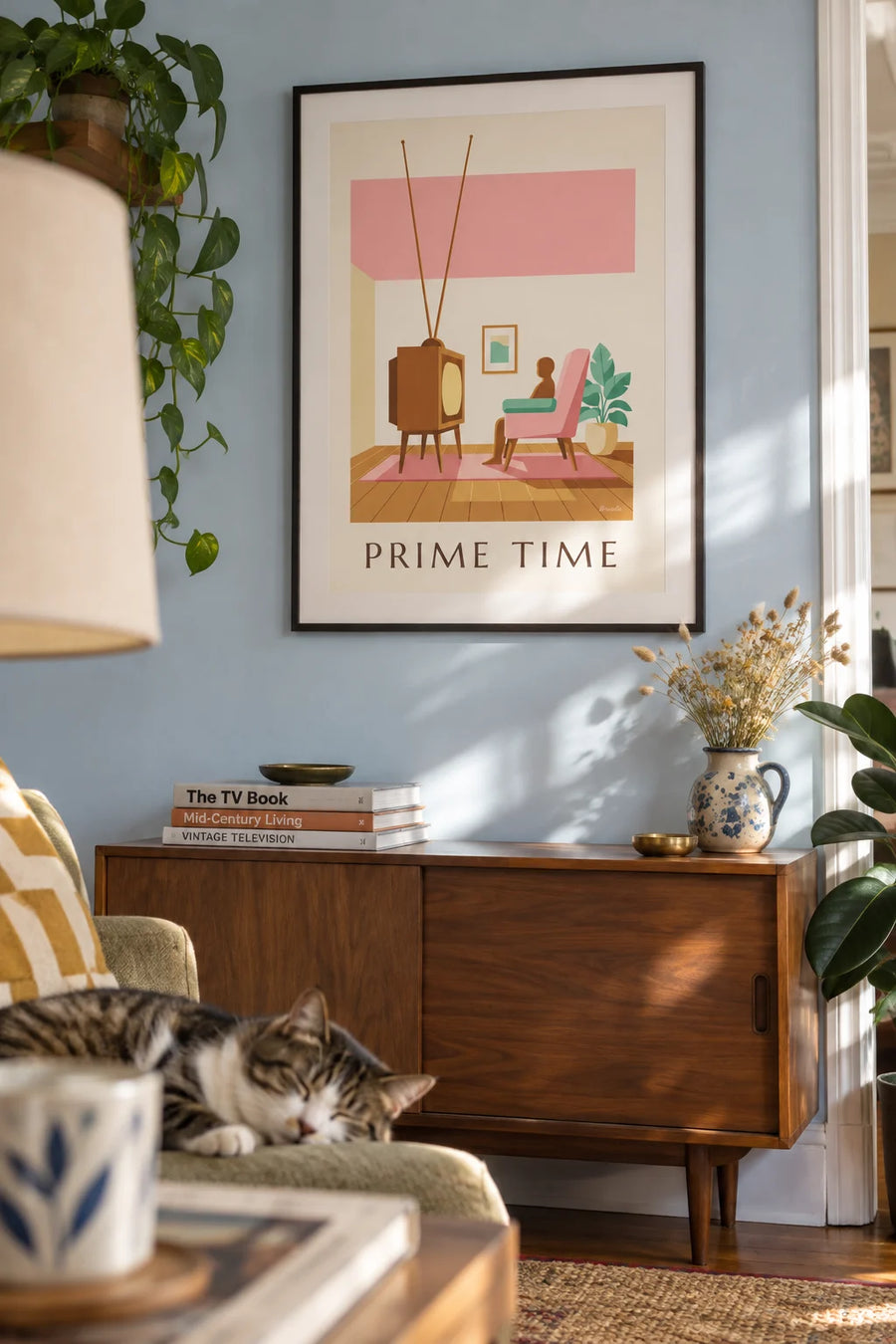 Poster of a wooden tube TV in a pastel living room: framed on the wall