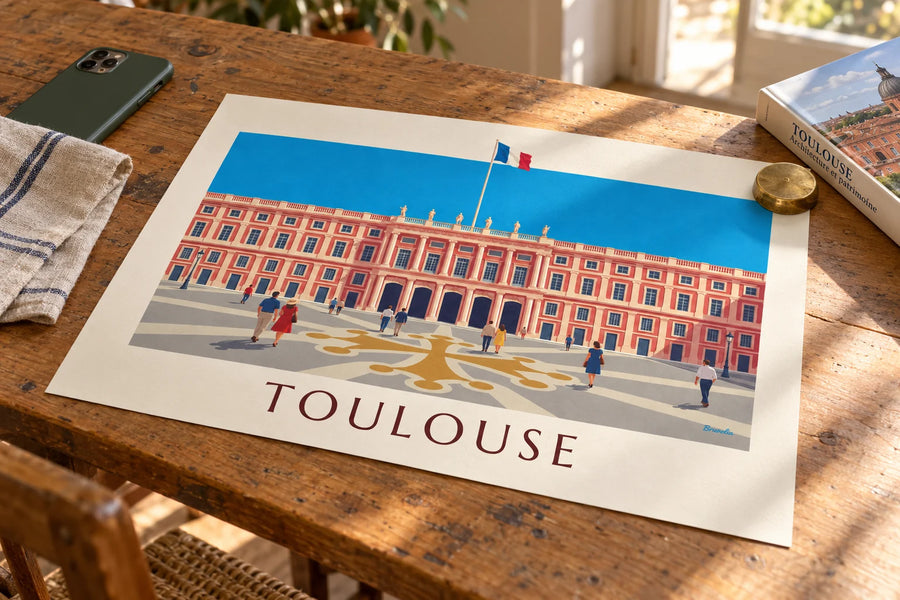 Poster Place du Capitole in Toulouse unter blauem Himmel: auf einem Tisch aufgestellt