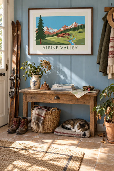 Poster valle delle Alpi, chalet in legno e pascoli: con cornice appesa al muro
