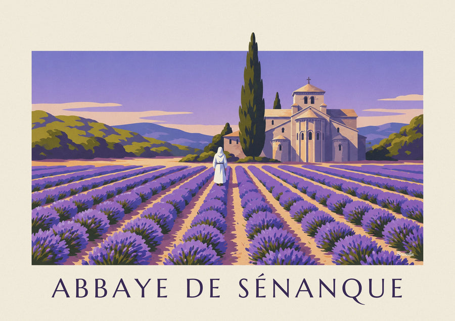 Poster monaco che cammina tra la lavanda dell'abbazia di Sénanque