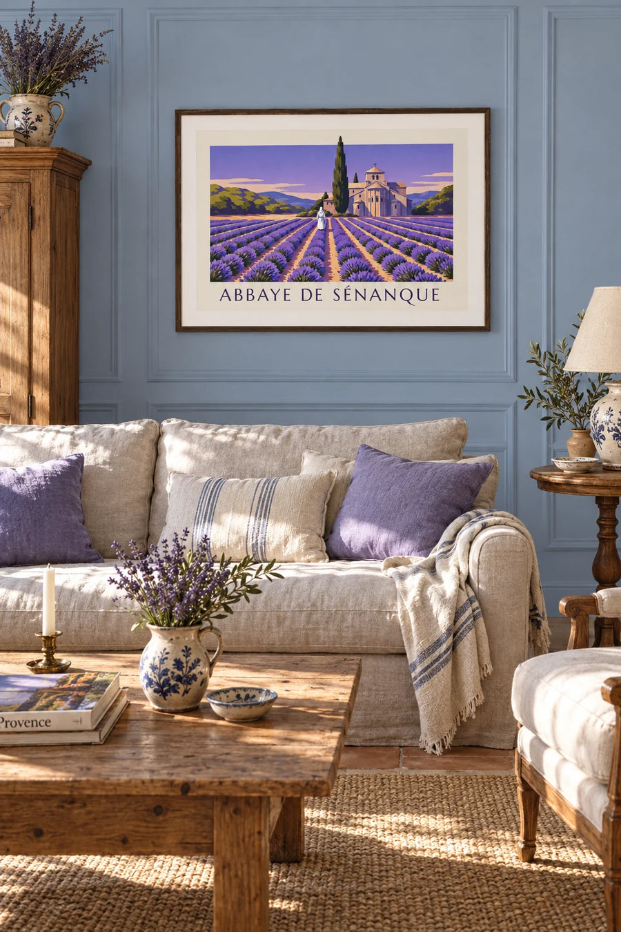 Poster monaco che cammina nella lavanda dell'abbazia di Sénanque: incorniciato alla parete