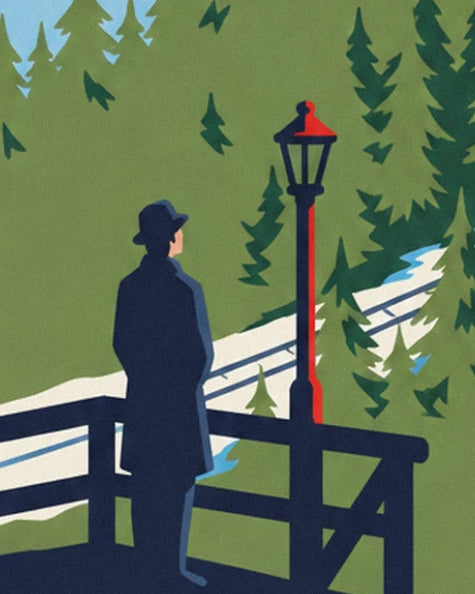 The man in a dark hat and coat leaning on the railing beside the red street lamp