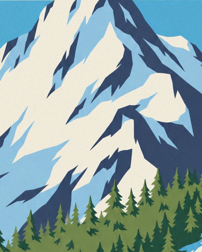 The snowy peak with midnight-blue ridges, towering above a line of fir trees