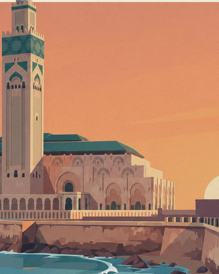 Affiche mosquée Hassan II face à l'océan au coucher du soleil : détail en gros plan