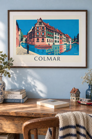 Poster mit Fachwerkhäusern am Kanal in Colmar: gerahmt an der Wand