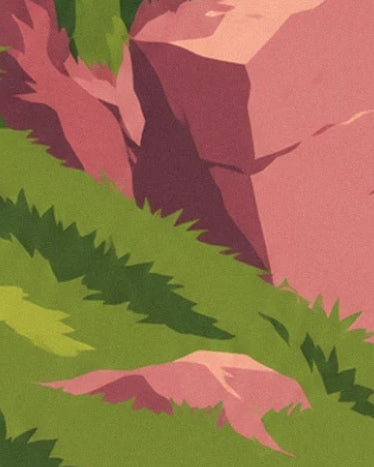Les rochers roses de la falaise parmi les herbes vertes et leurs ombres sombres