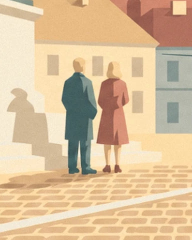 Un couple de dos en manteaux bleu et rouge sur la place pavée de Zagreb