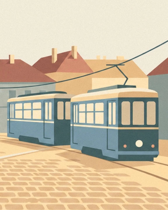 Les 2 voitures bleues du tramway, leurs lignes aériennes et les pavés dorés de Zagreb