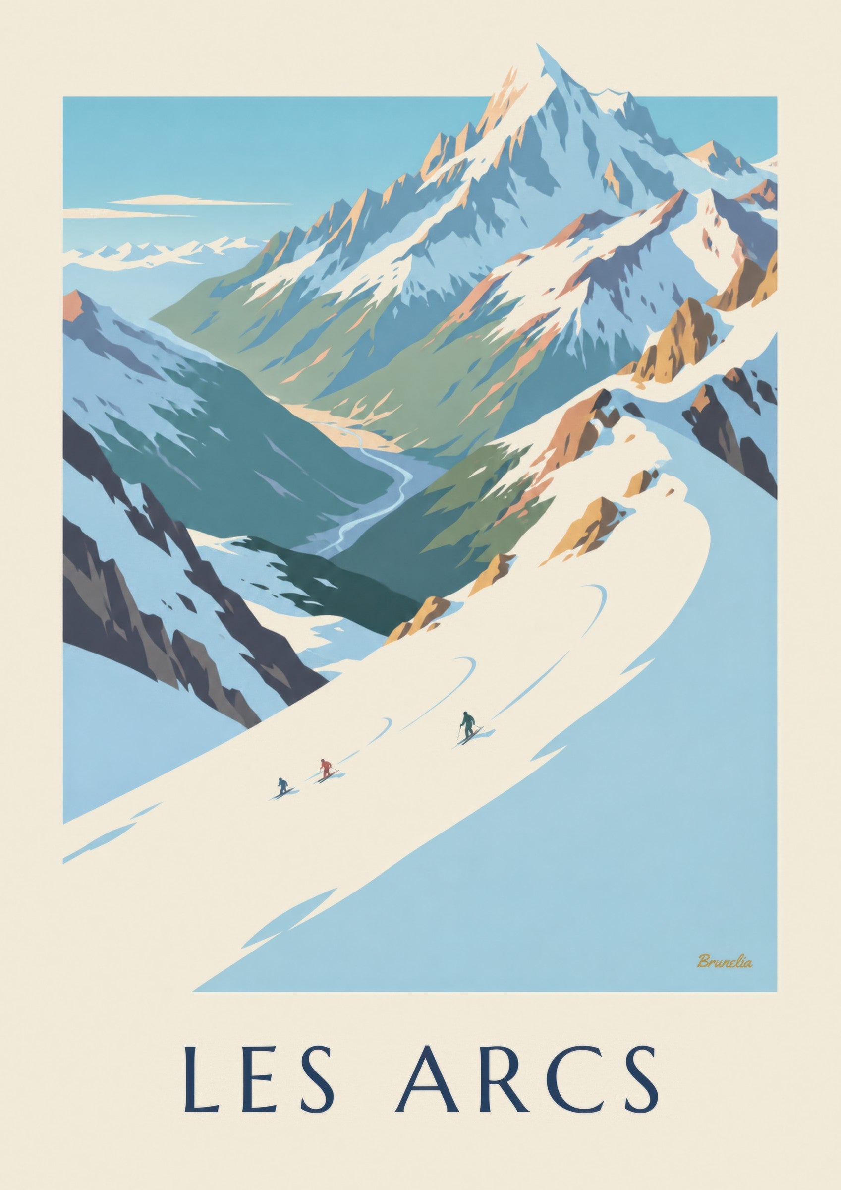 Affiche Les Arcs, Mont Blanc et piste de l'Aiguille Rouge: dettaglio in primo piano