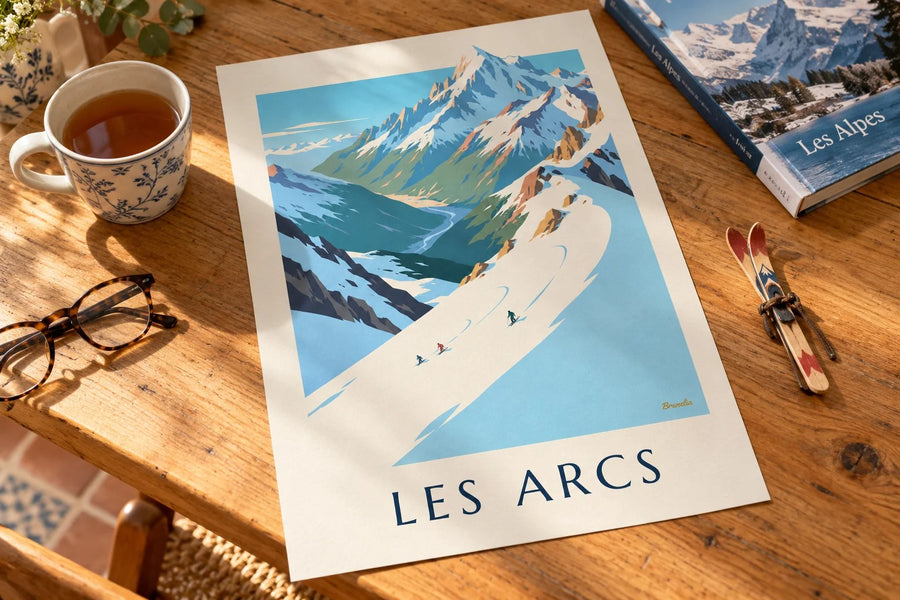 Affiche Les Arcs, Mont Blanc et piste de l'Aiguille Rouge : posée sur une table