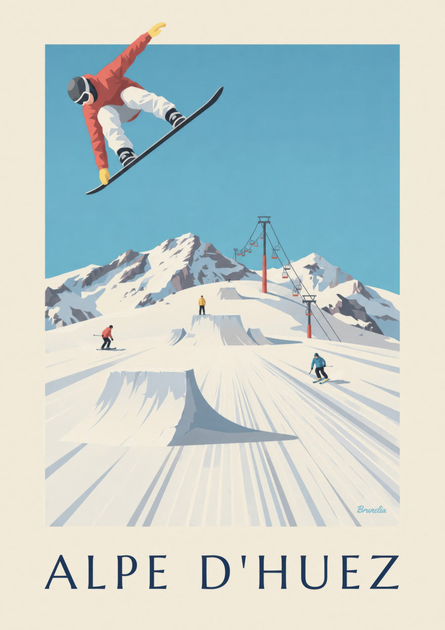 Poster Alpe d'Huez mit Skifahrern und Snowboardern