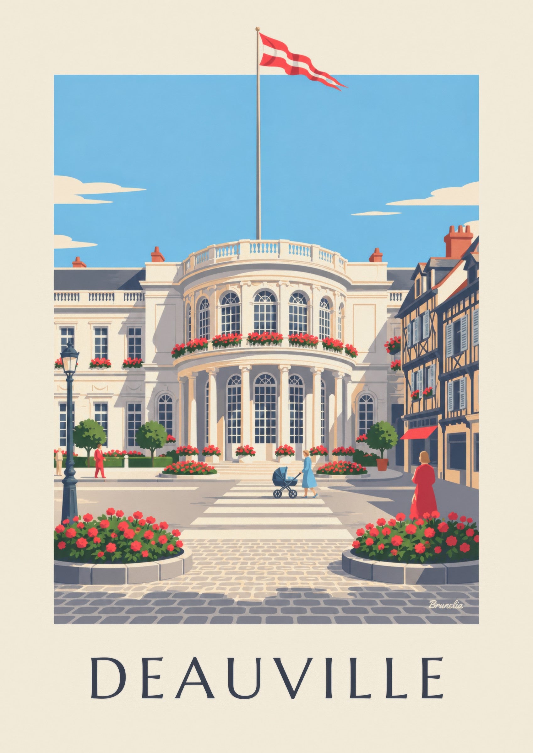 Affiche Deauville casino blanc et géraniums : détail en gros plan