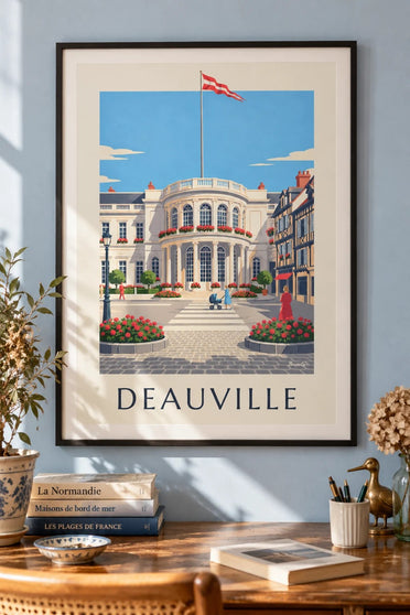 Stampa del casinò bianco di Deauville e dei gerani : incorniciato alla parete