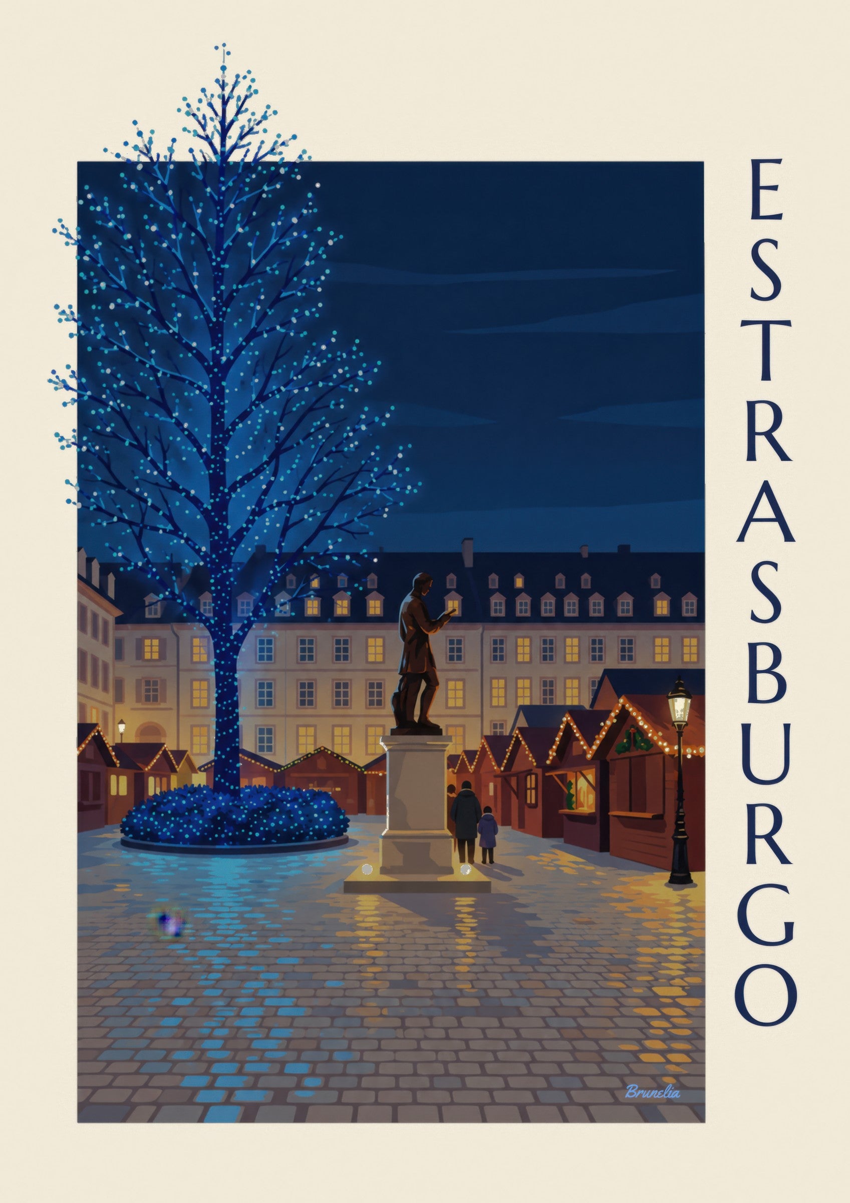 Weihnachtsposter von Strasbourg am Place Gutenberg (Titel ESTRASBURGO): Detail in Nahaufnahme
