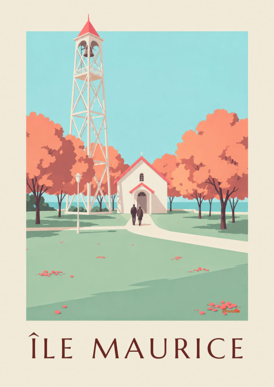 Poster Mauritius, Kirche mit rotem Dach (Titel ÎLE MAURICE)