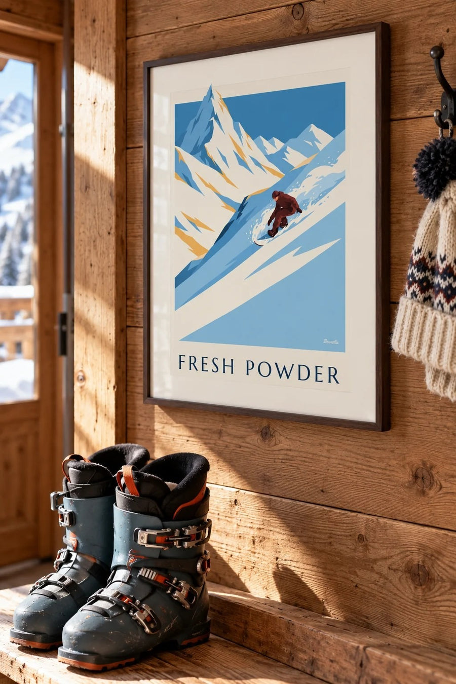 Affiche snowboard dans la poudreuse : petit format A4 encadré