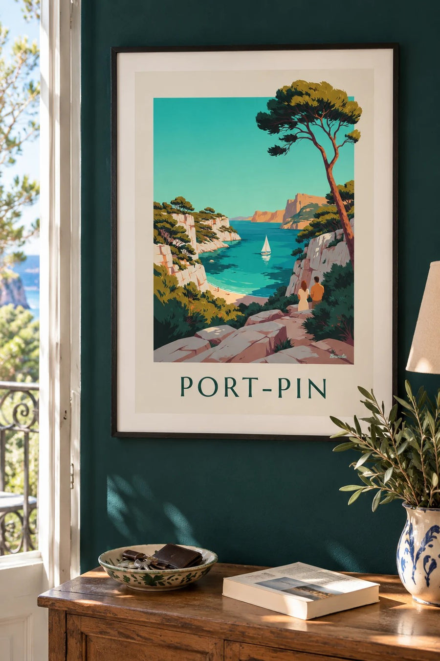 Affiche calanque de Port-Pin et voilier : encadrée au mur